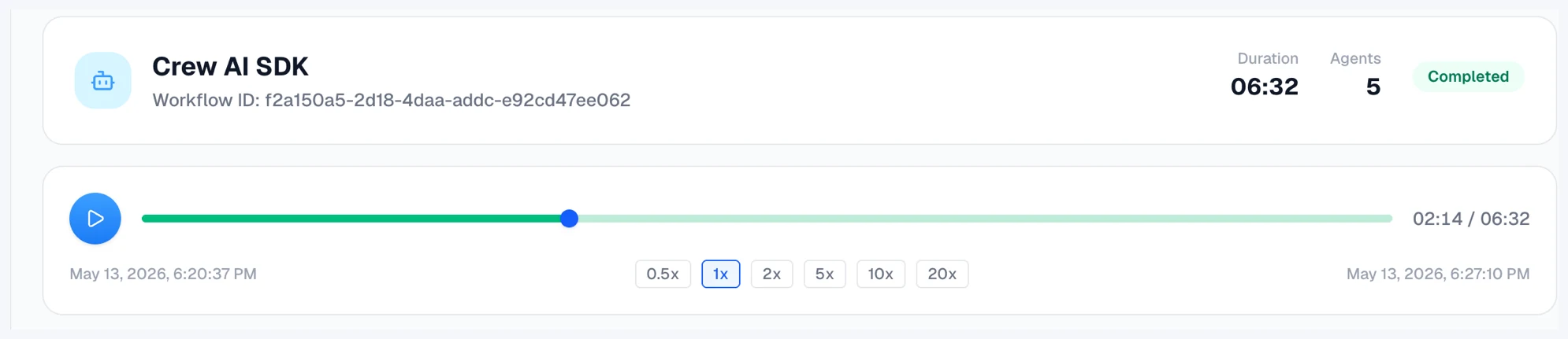 Run header with workflow name, ID, duration, agent count, completed status badge, and the player bar below